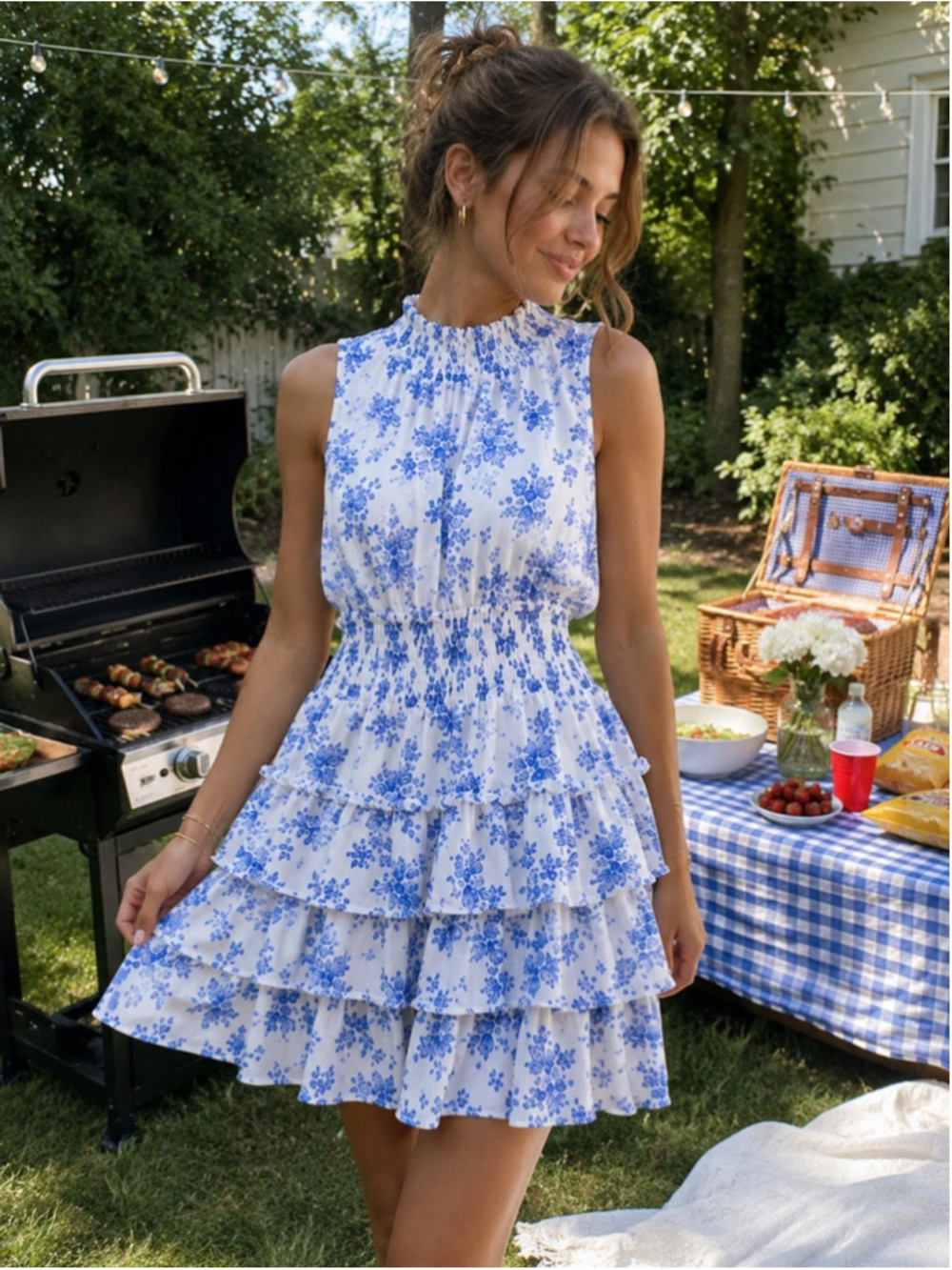 STATE Blue White Floral Smocked Tiered Mini Dress Small Cottagecore